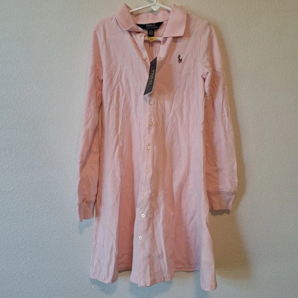 Polo Ralph Lauren Girls Pink Long Sleeve Button Front  Polo Dress Size M 8-10